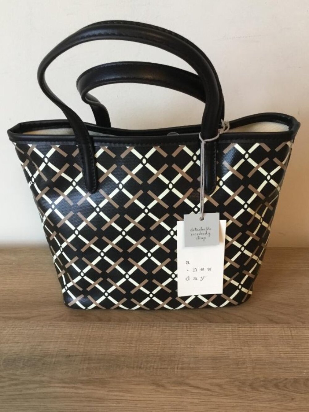 A New Day Black Geometric Tote Bag with Detachable Crossbody Strap NWT